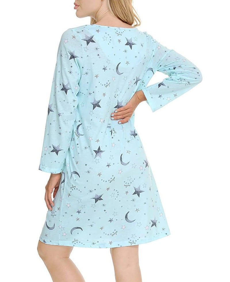 CHUNG Women's Cotton Nightgowns Long Sleeve Crew Neck Lovely Print Sleep Dress,Green Star,77-M - Image 2